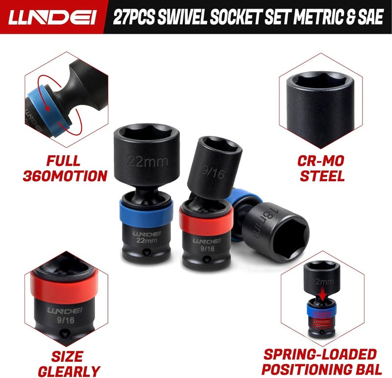 LLNDEI 27Pcs 3/8" Drive Swivel Impact Socket Set, CR-MO Swivel Socket Set Metric(8-22mm)& SAE(5/16-3/4),6 Point Wobble Socket Set with Ratchet Wrench, Extension Bar and Adapters. - Image 3